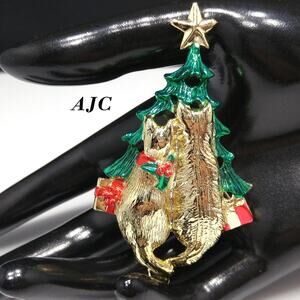 Vintage Signed Christmas Tree & Cats Brooch, Gold Plated, Book Piece